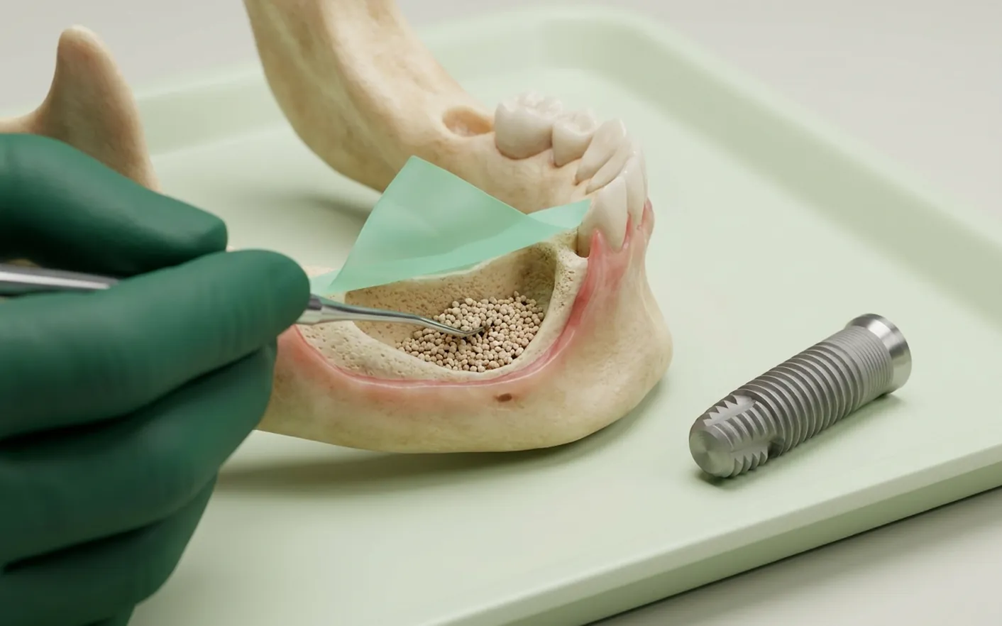 Render clinico dell'innesto osseo: granuli di osso sotto una membrana, con l'impianto che aspetta