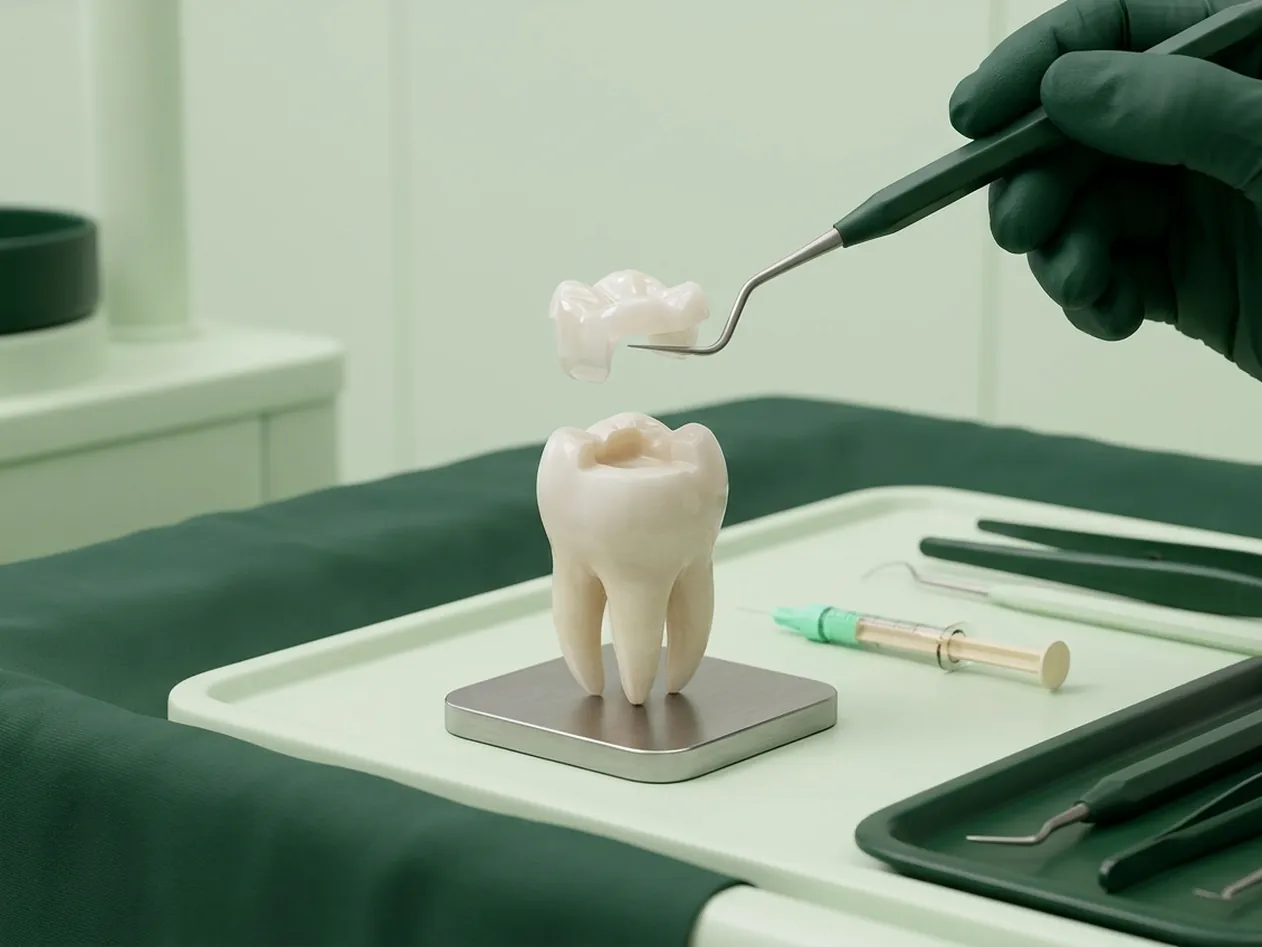 Render clinico dell'intarsio: il pezzo in ceramica che scende nella cavità preparata del molare