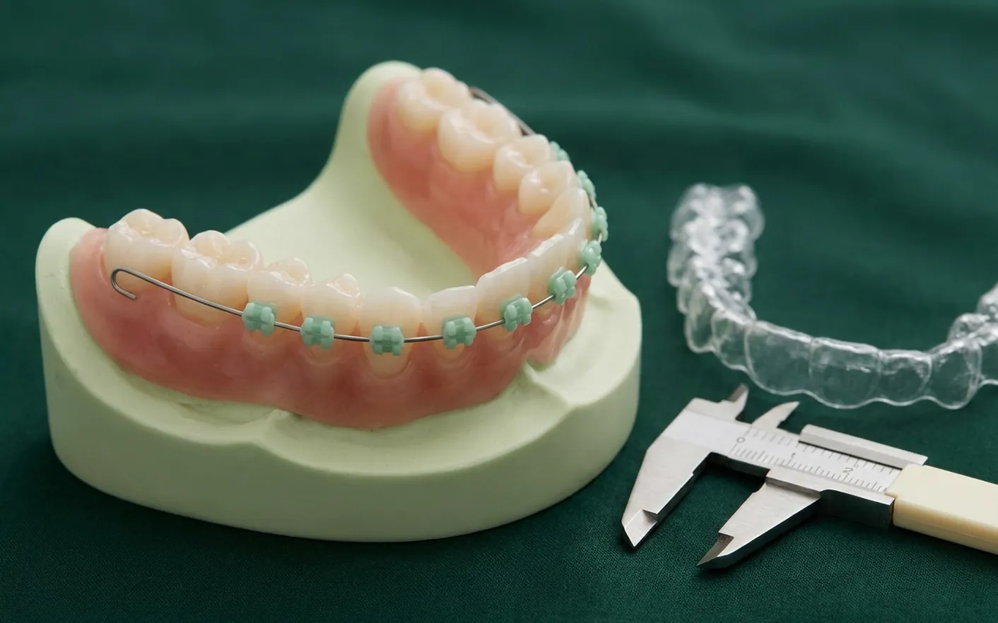 Render clinico dell'ortodonzia: l'arcata con i denti affollati, il filo, le placchette e l'allineatore