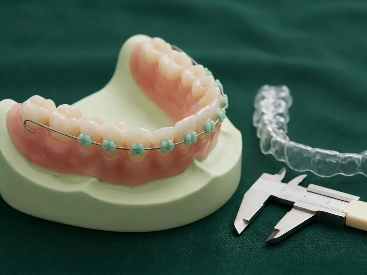Render clinico dell'ortodonzia: l'arcata con i denti affollati, il filo, le placchette e l'allineatore