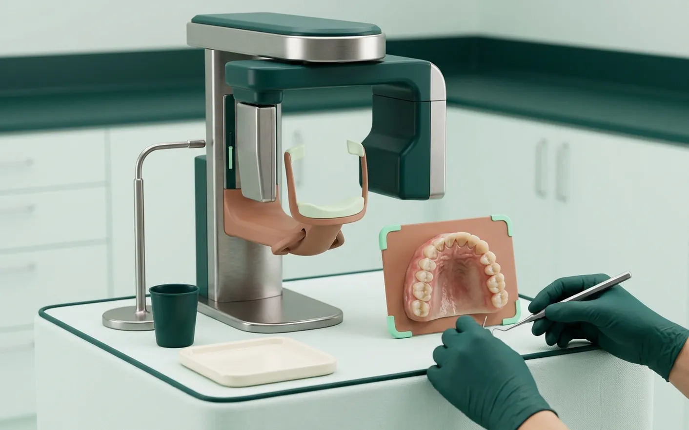 Render clinico della panoramica dentale: l'apparecchio che gira e la lastra con l'arcata intera