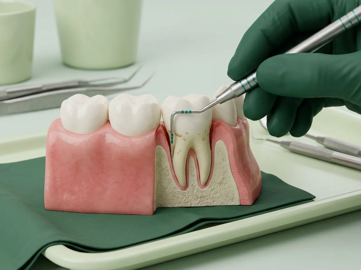 Render clinico della parodontite: dente sano e dente con tasca e osso perso, sonda nella tasca