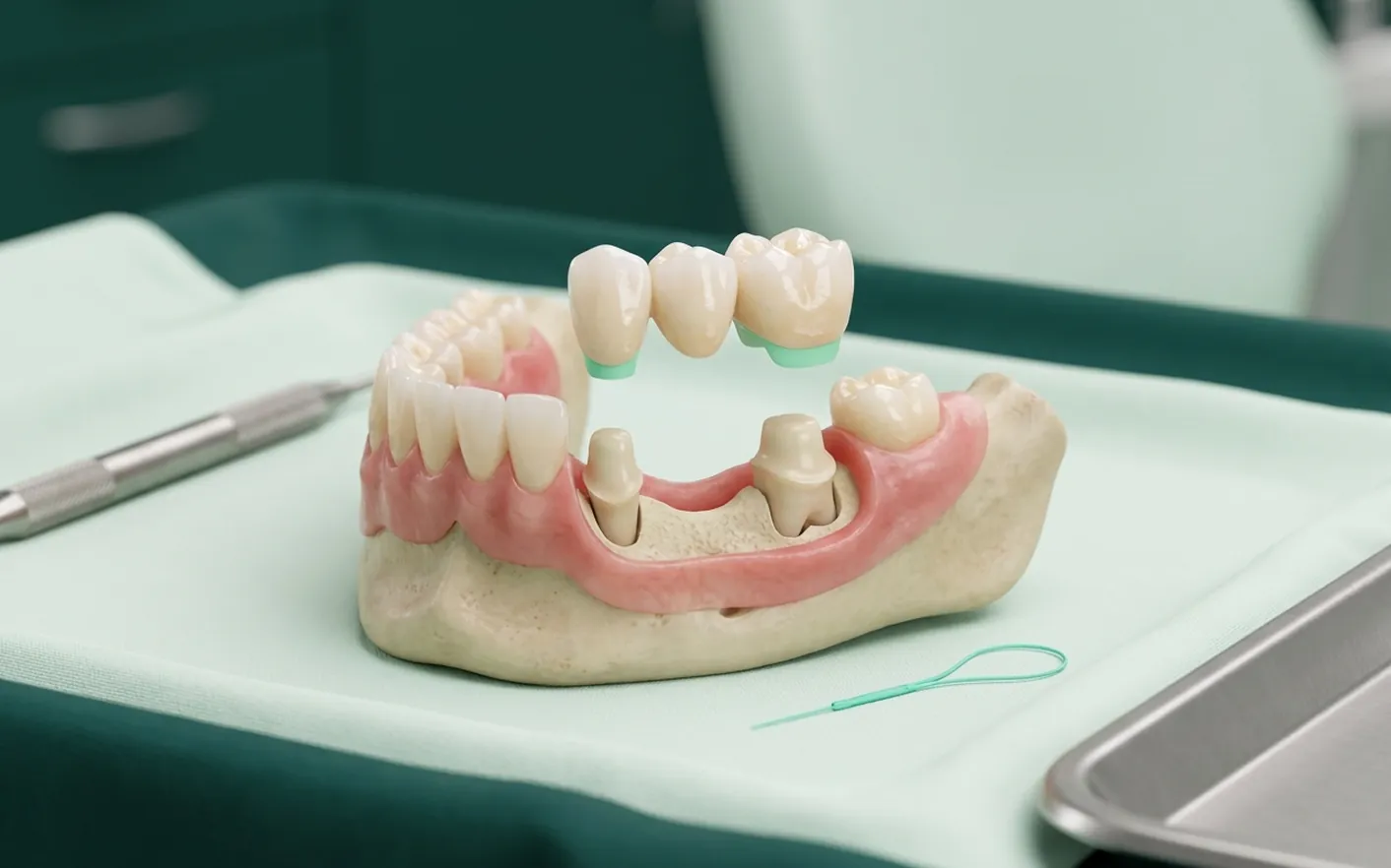 Render clinico del ponte dentale: i due pilastri limati e il ponte a tre elementi che scende sul vuoto