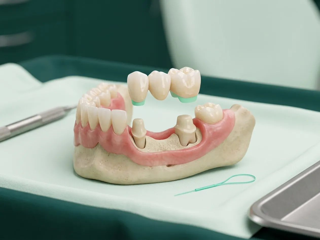 Render clinico del ponte dentale: i due pilastri limati e il ponte a tre elementi che scende sul vuoto