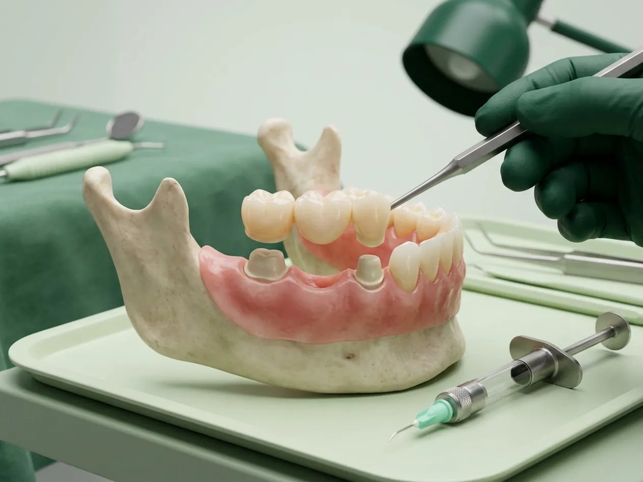 Render clinico della protesi fissa: corone e ponte cementati sui denti preparati