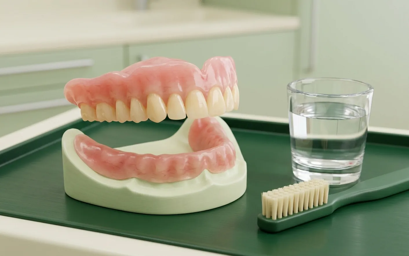 Render clinico della protesi mobile: la dentiera sollevata dalla gengiva, con bicchiere e spazzolino