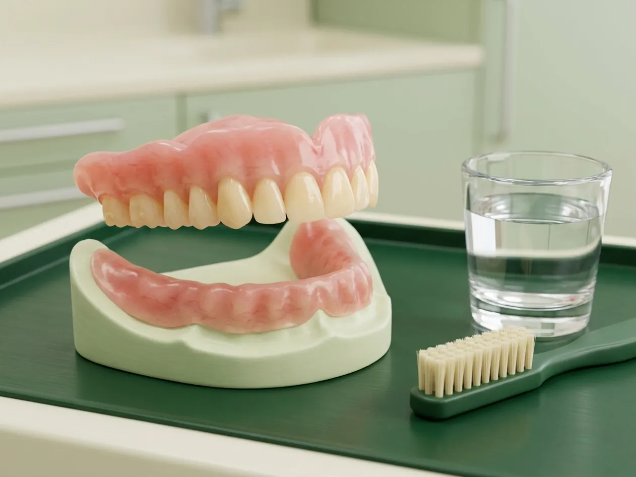 Render clinico della protesi mobile: la dentiera sollevata dalla gengiva, con bicchiere e spazzolino
