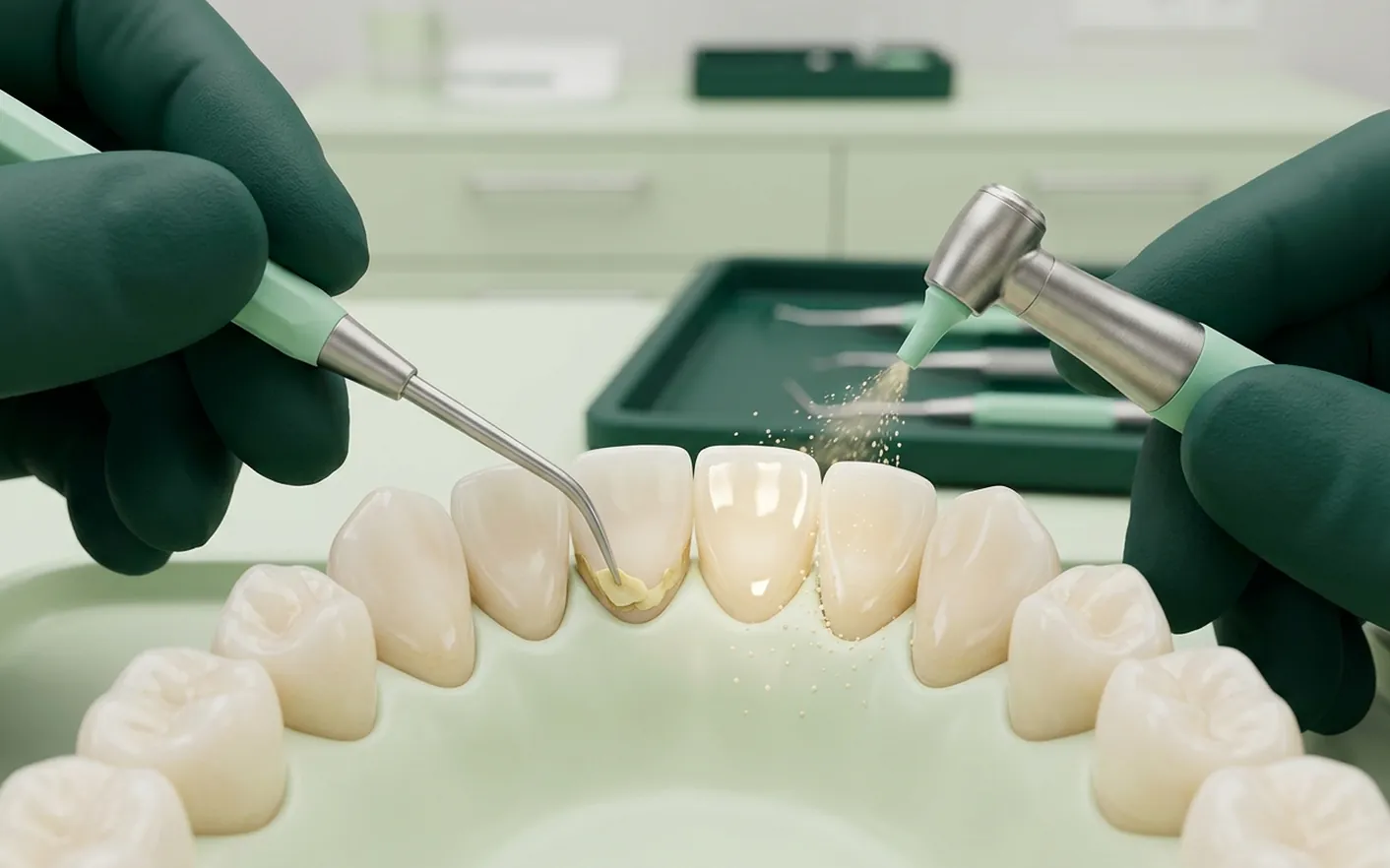 Render clinico della pulizia dei denti: tartaro che si stacca e spray di polvere dell'airflow