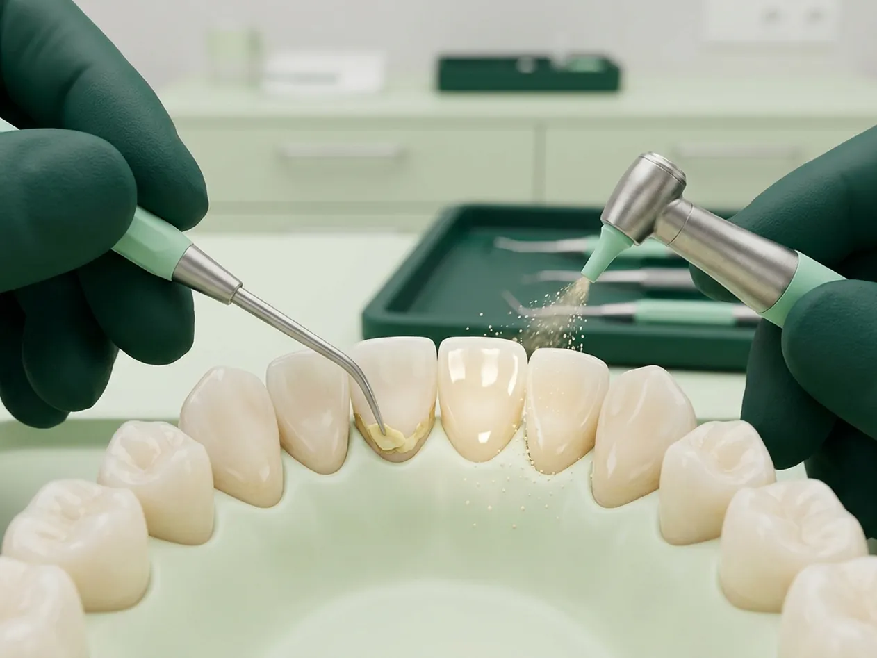 Render clinico della pulizia dei denti: tartaro che si stacca e spray di polvere dell'airflow