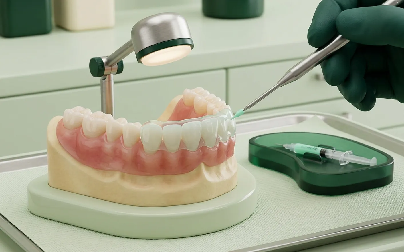 Render clinico dello sbiancamento: la lampada sull'arcata e la mascherina con la siringa del gel
