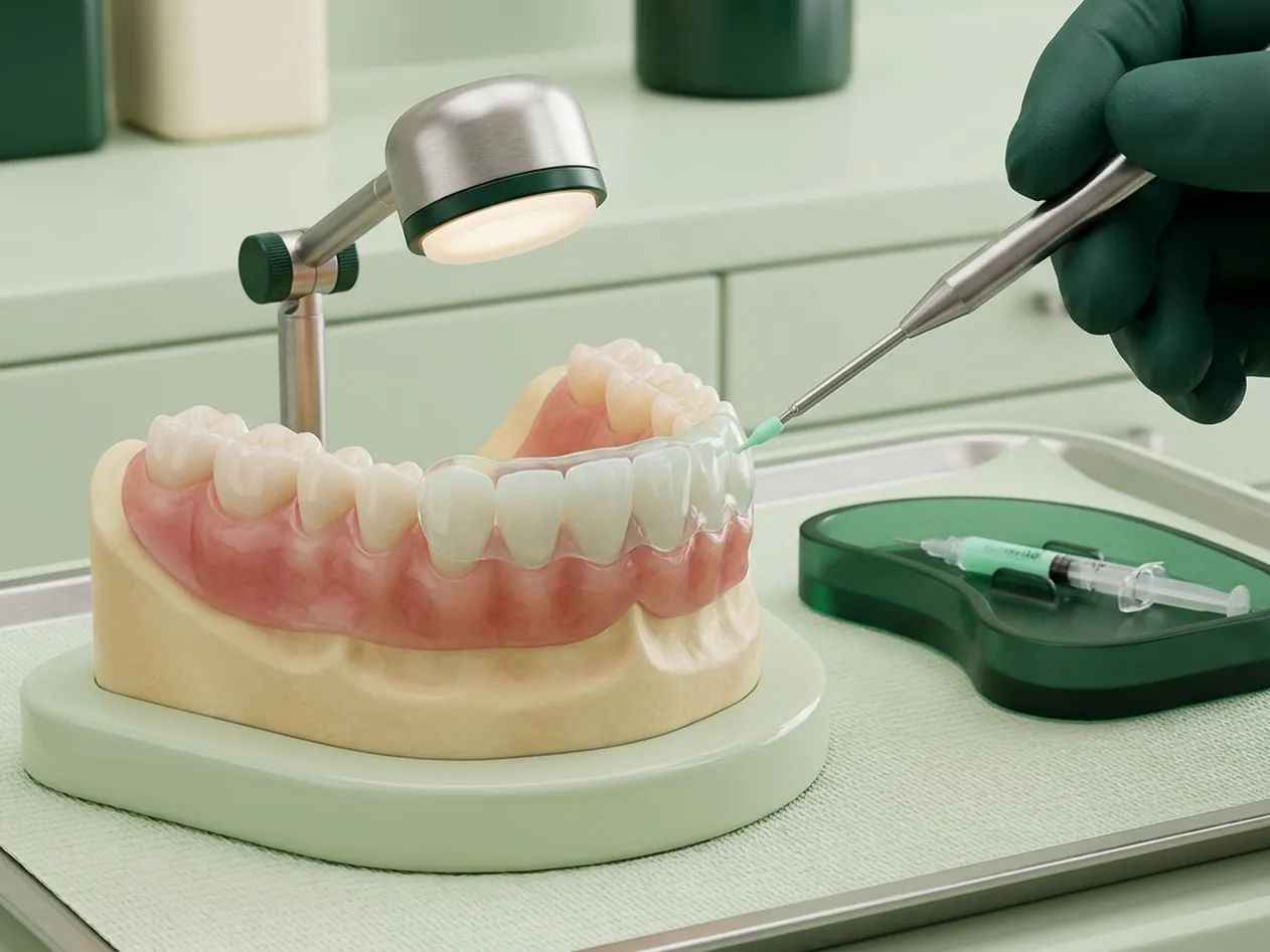 Render clinico dello sbiancamento: la lampada sull'arcata e la mascherina con la siringa del gel