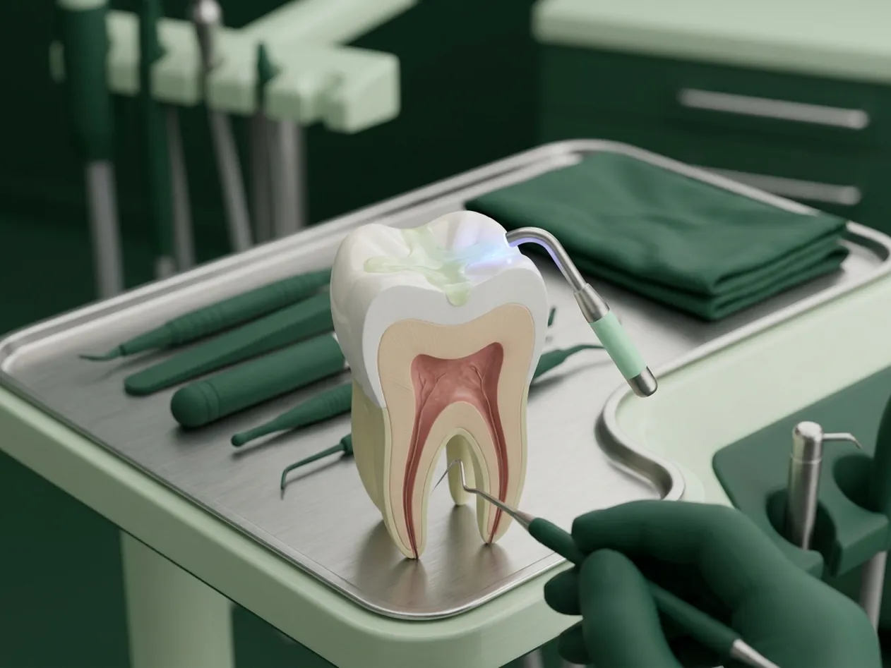 Render clinico delle sigillature: i solchi del molare riempiti dal sigillante e la lampada