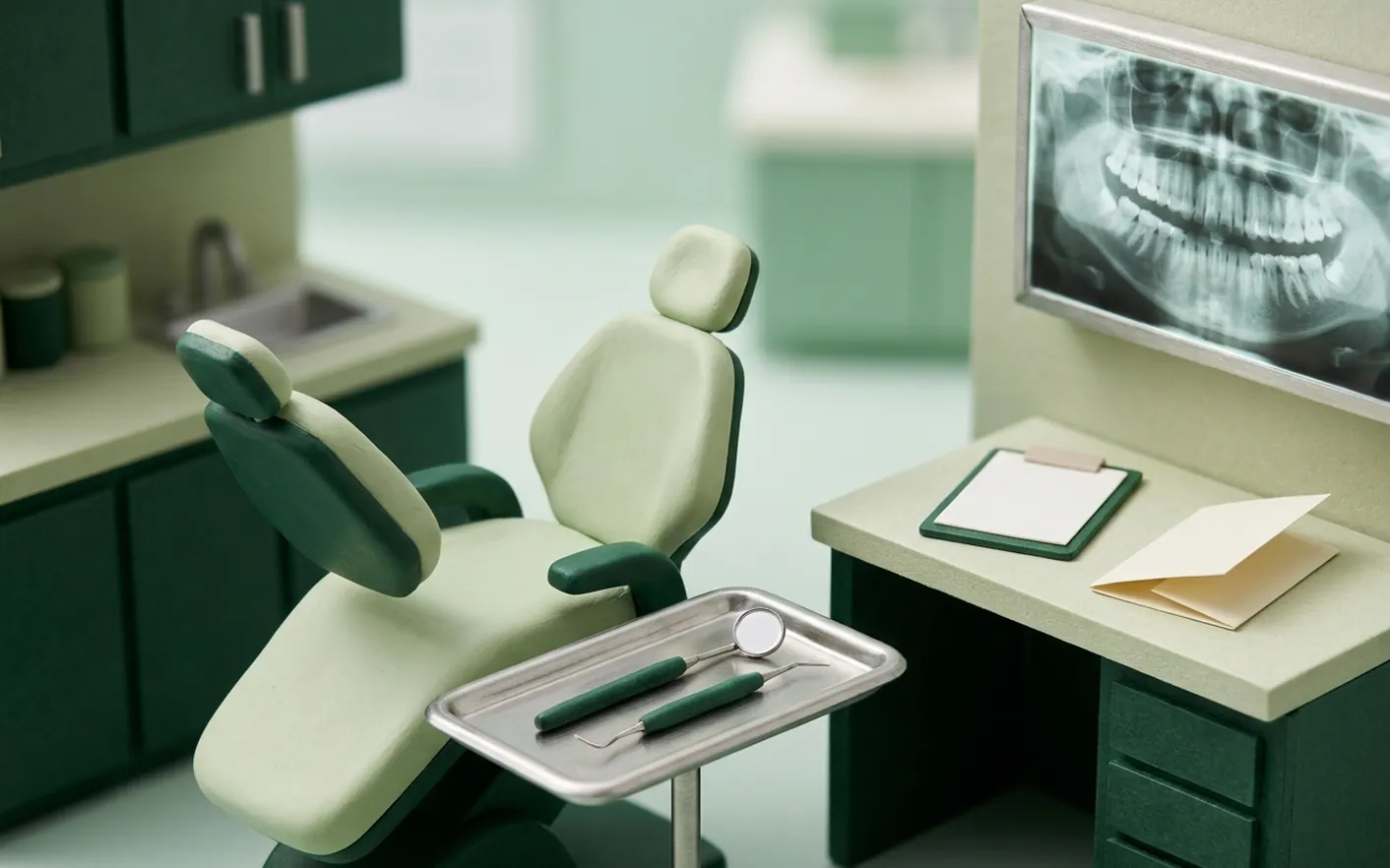 Render clinico della prima visita: poltrona, specchietto e sonda, il piano di cura scritto